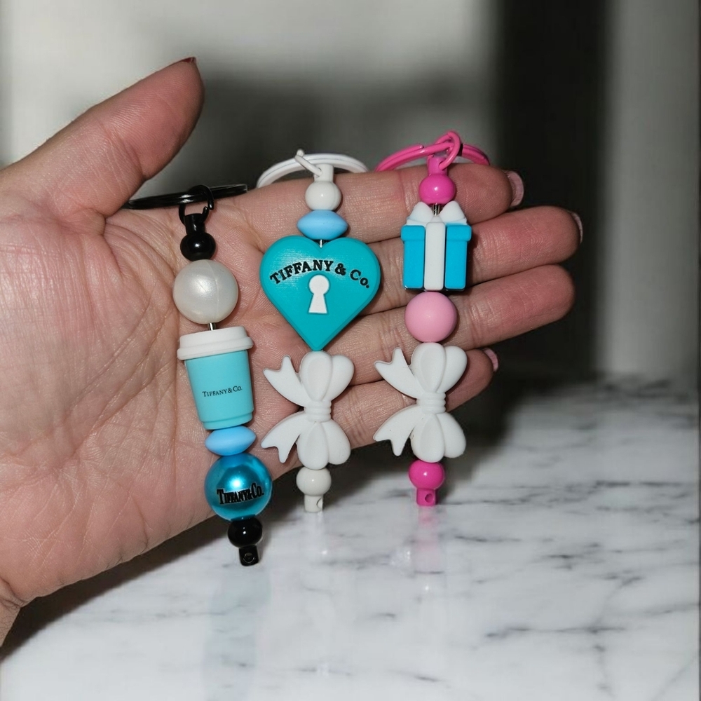 Blue Green Heart and Gift Keychain Trio